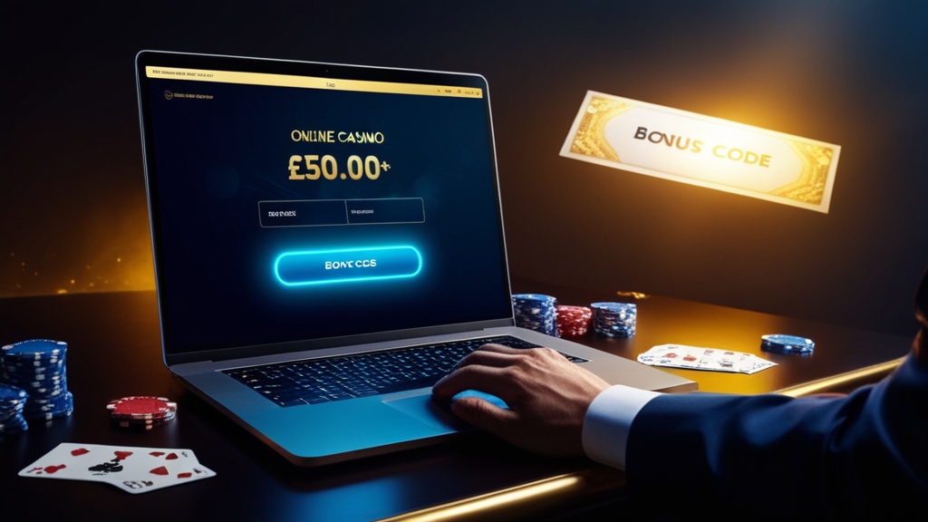 Laptop showing a bonus code field in a dark casino-themed interface.